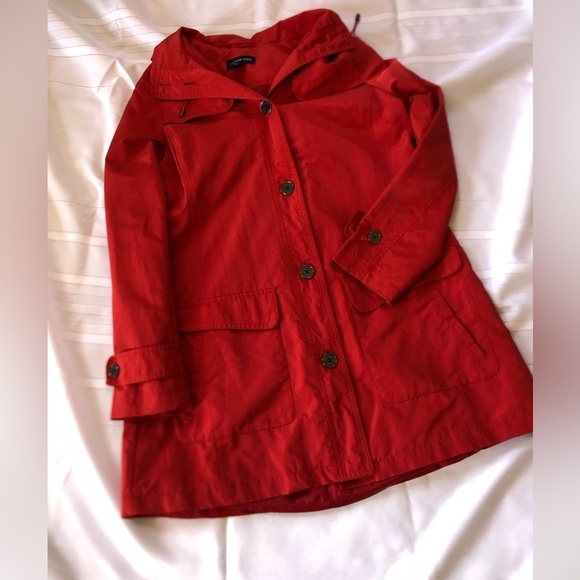 Lands' End Lined Red Trench Coat with High Collar and Hood - Picture 6 of 14